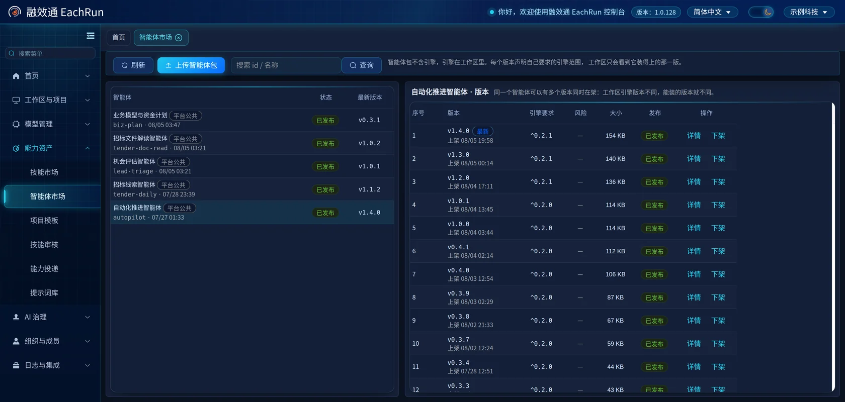 Agent market console: published agents on the left, and for the selected agent every release with its required engine range, package size and listing state